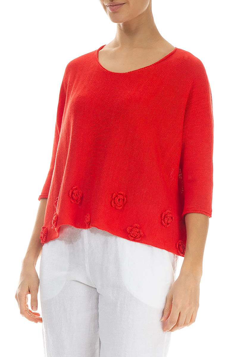 Flowers Decorated Red Linen Jumper 3