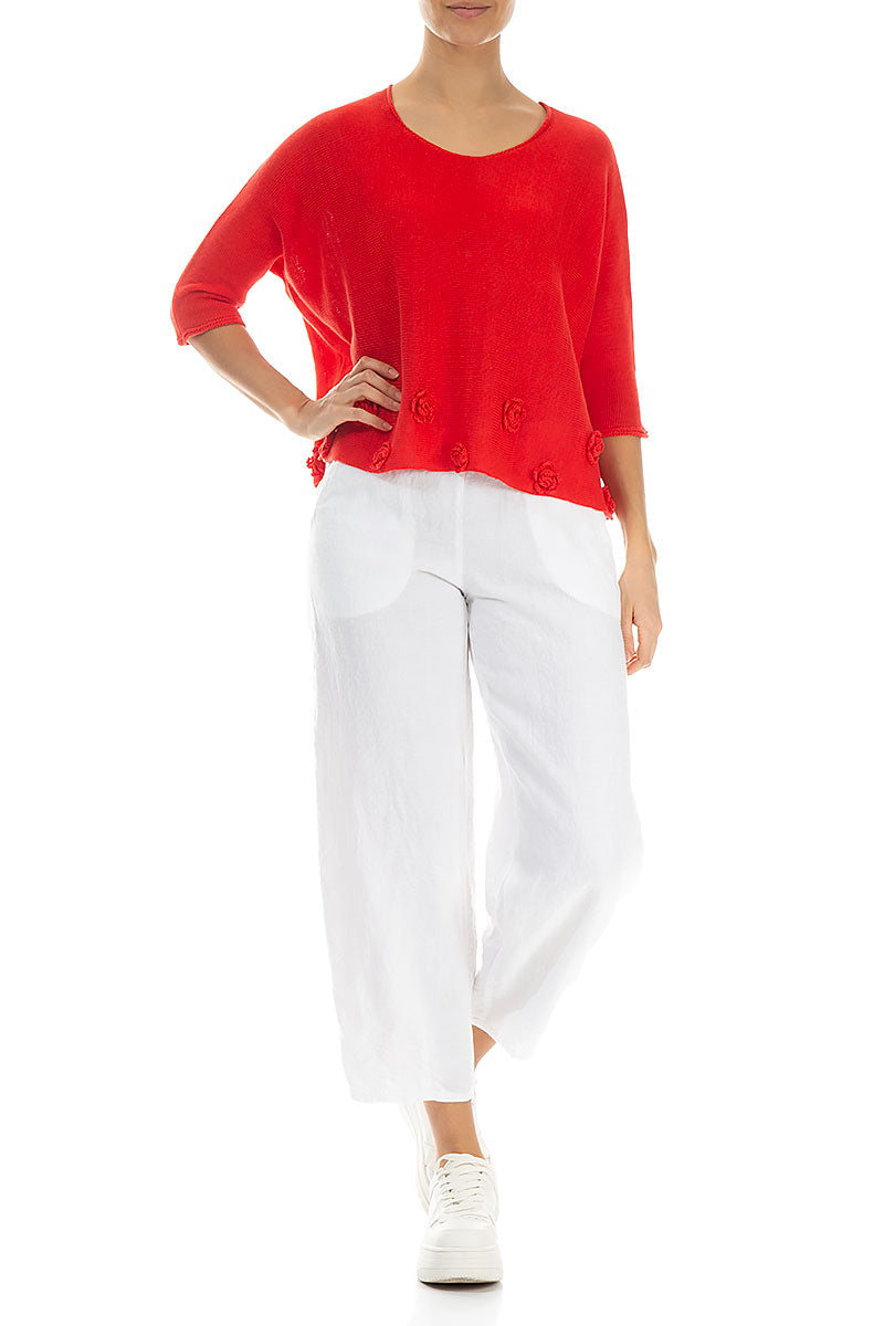 Flowers Decorated Red Linen Jumper 4