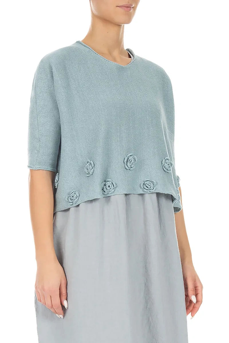 Flowers Decorated Sky Blue Linen Jumper 3