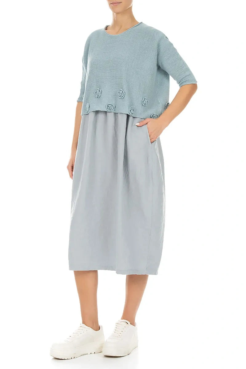 Flowers Decorated Sky Blue Linen Jumper 4