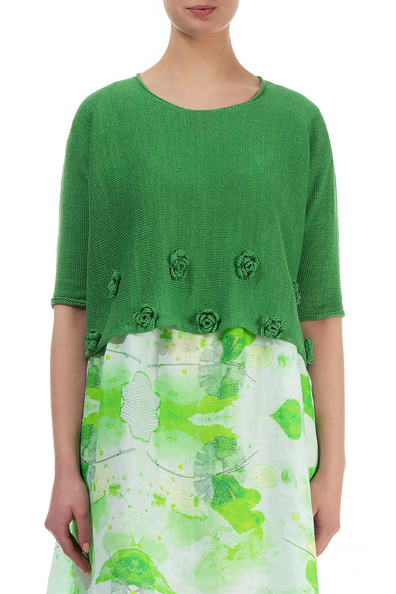 Flowers Decorated Spring Green Linen Jumper