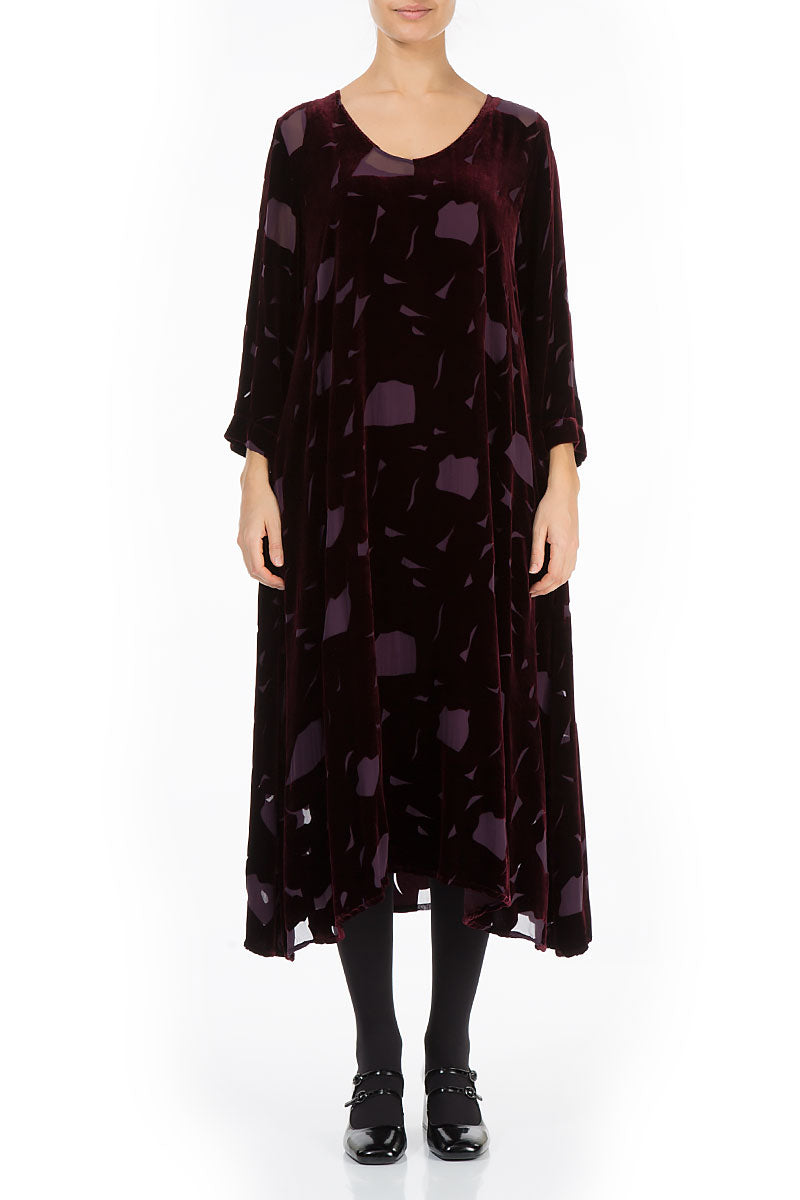 Flowy Abstract Devoré Wine Silk Velvet Midi Dress 1