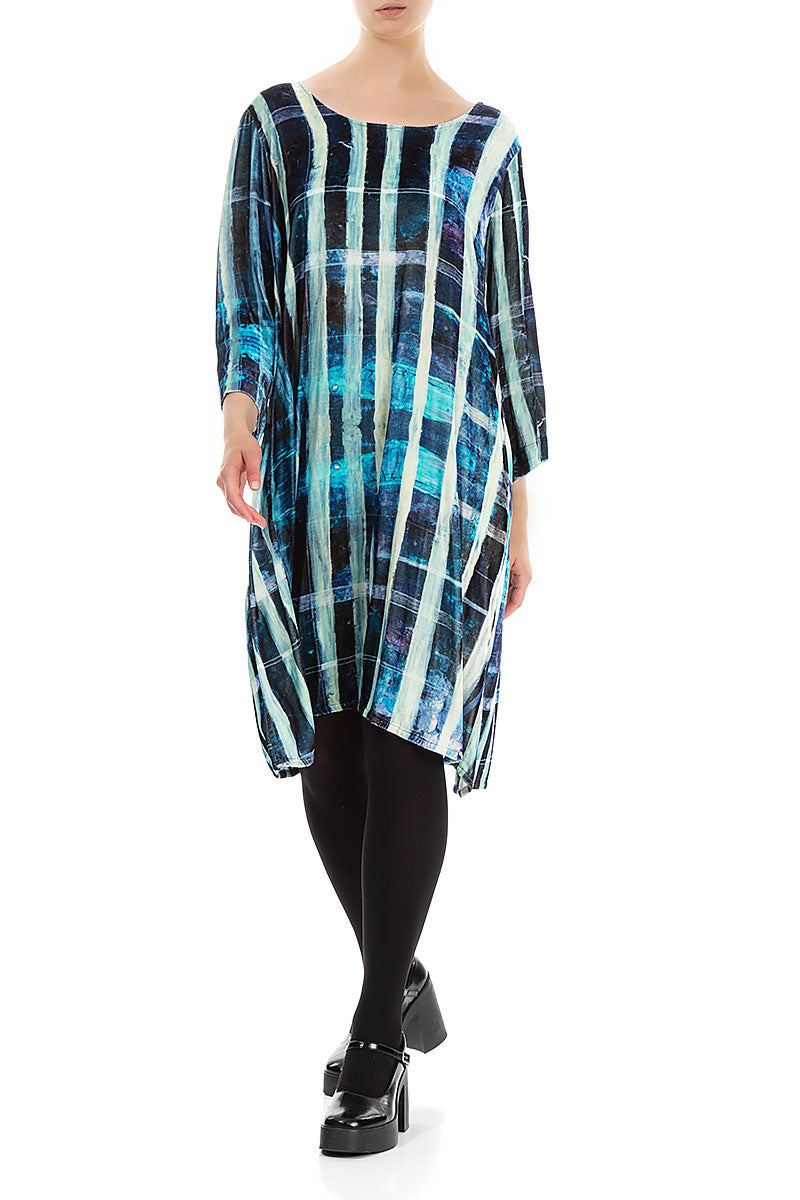 Flowy Blue Lines Stretchy Silk Velvet Dress