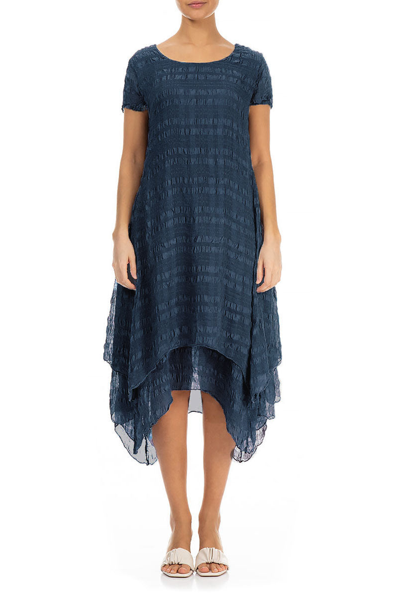 Flowy Layered Denim Blue Light Silk Dress 1