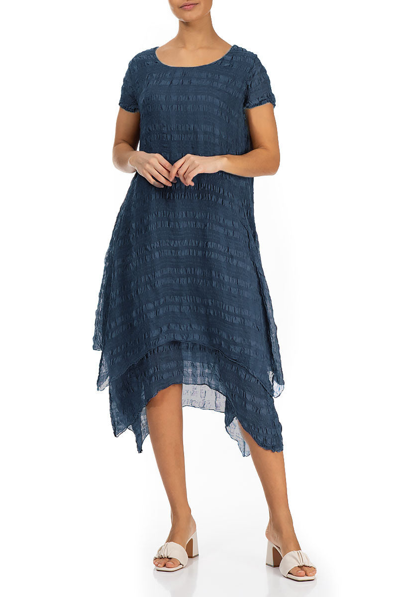 Flowy Layered Denim Blue Light Silk Dress 3