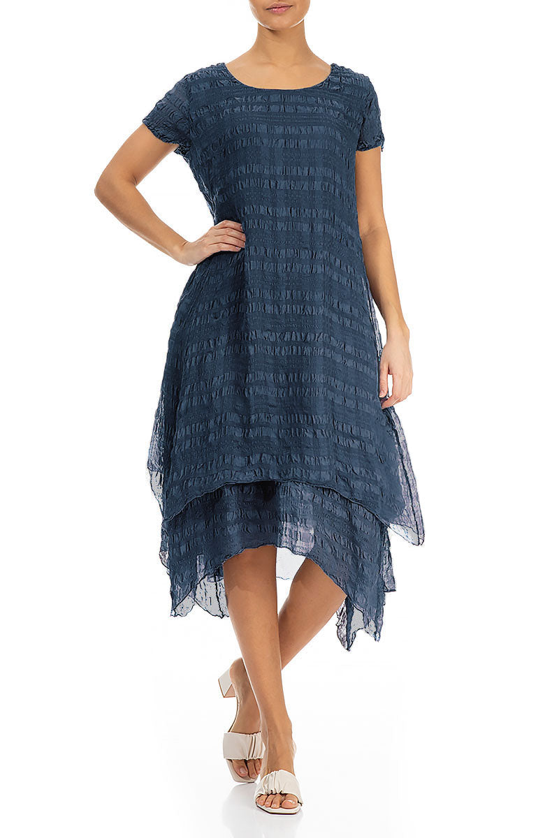 Flowy Layered Denim Blue Light Silk Dress 4