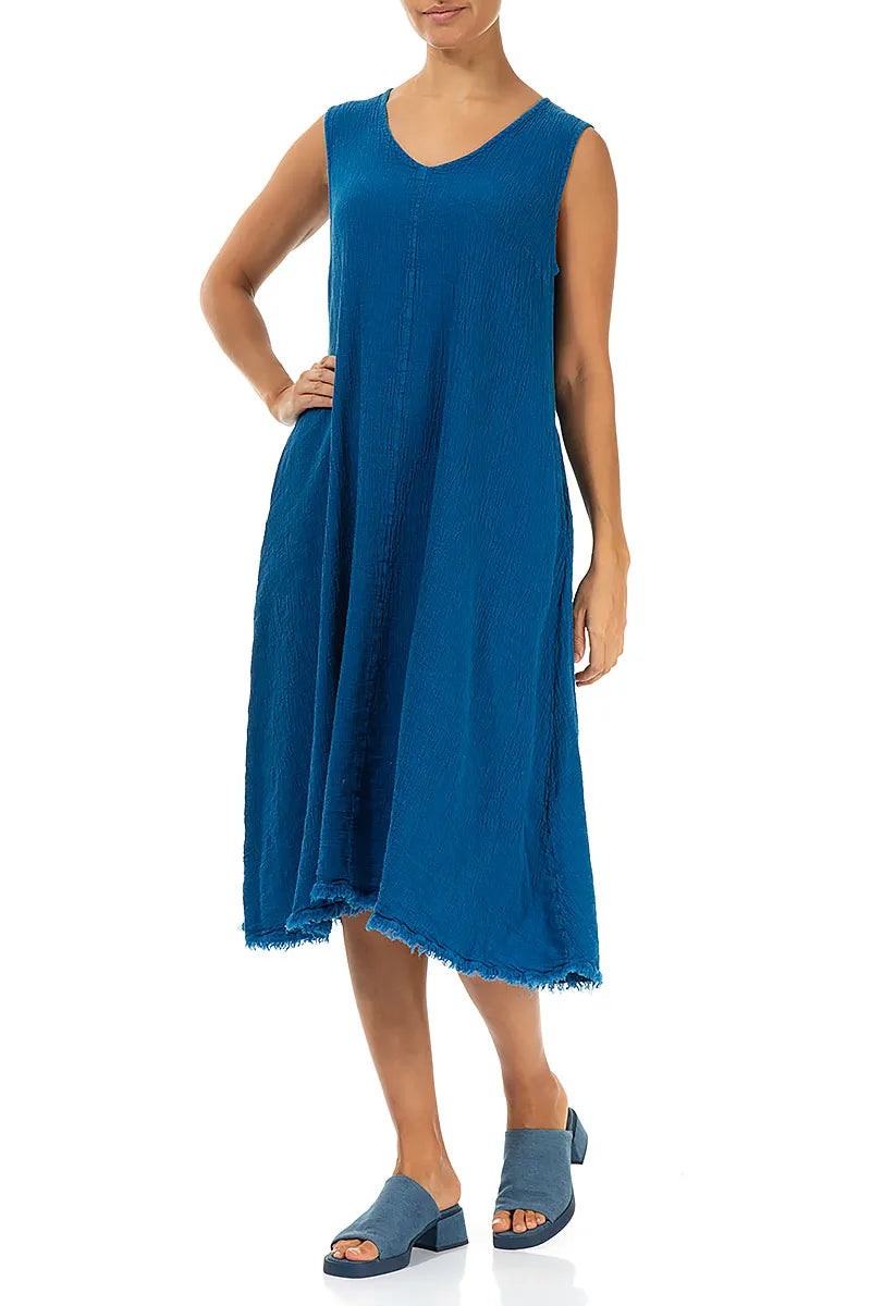 Frayed Hem Cobalt Blue Linen Viscose Dress 3