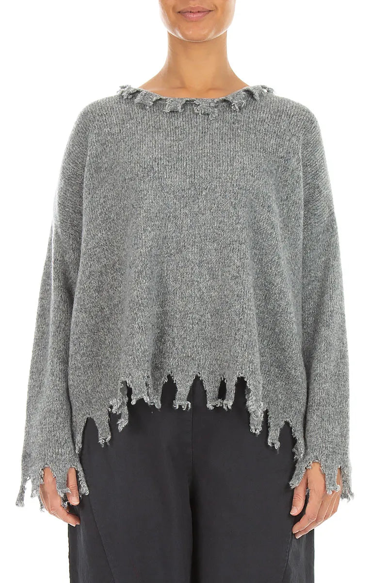 Frayed Hem Light Grey Mélange Cashmere Sweater 1