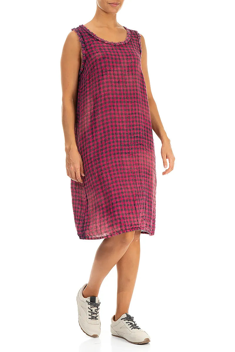 Frayed Neckline Sleeveless Magenta Watercolour Check Linen Dress 3