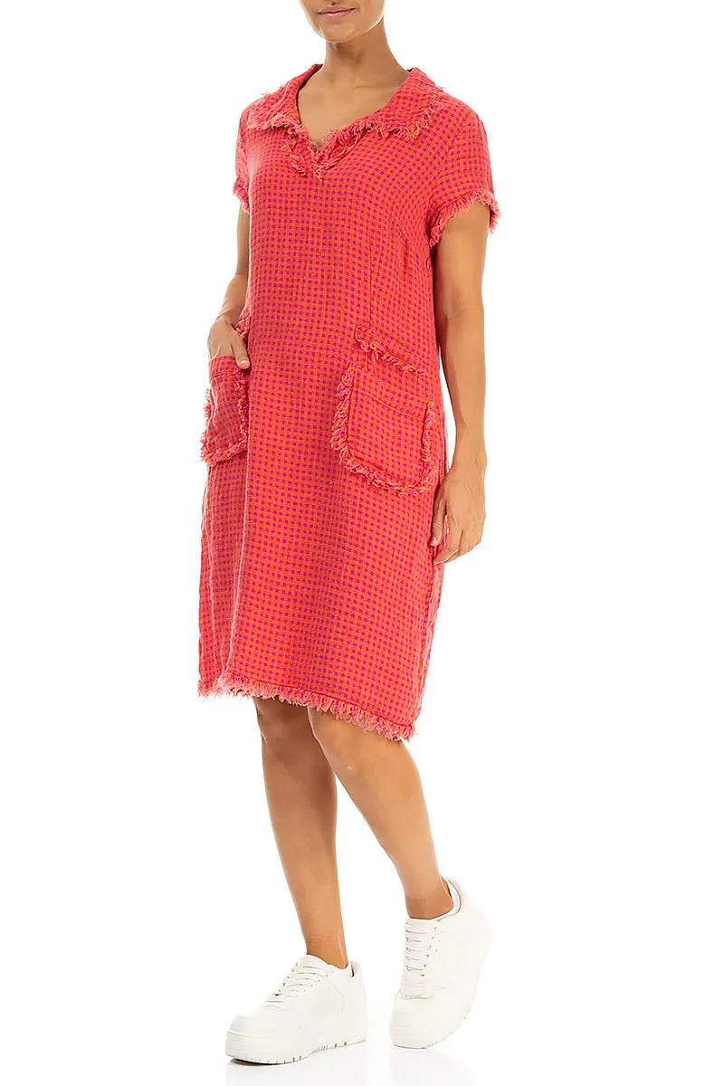 Frayed Pink Orange Check Linen Dress 5