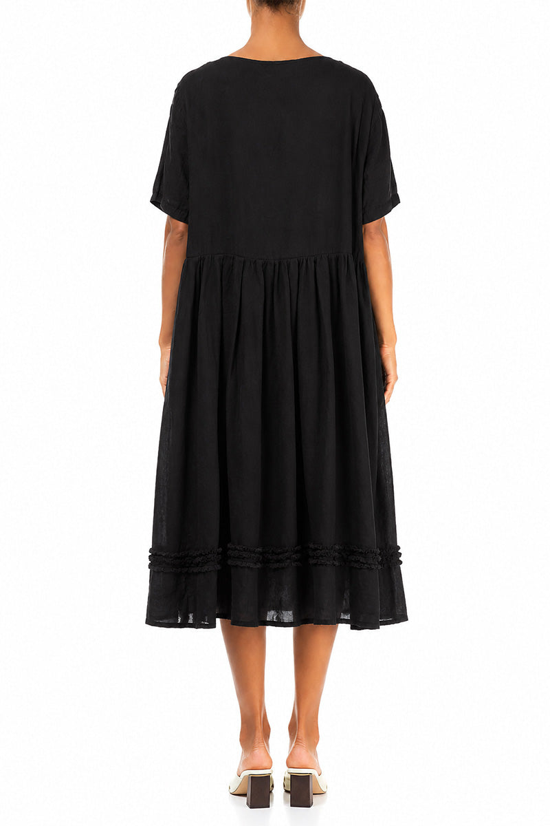 Frill Black Gauze Linen Dress 2