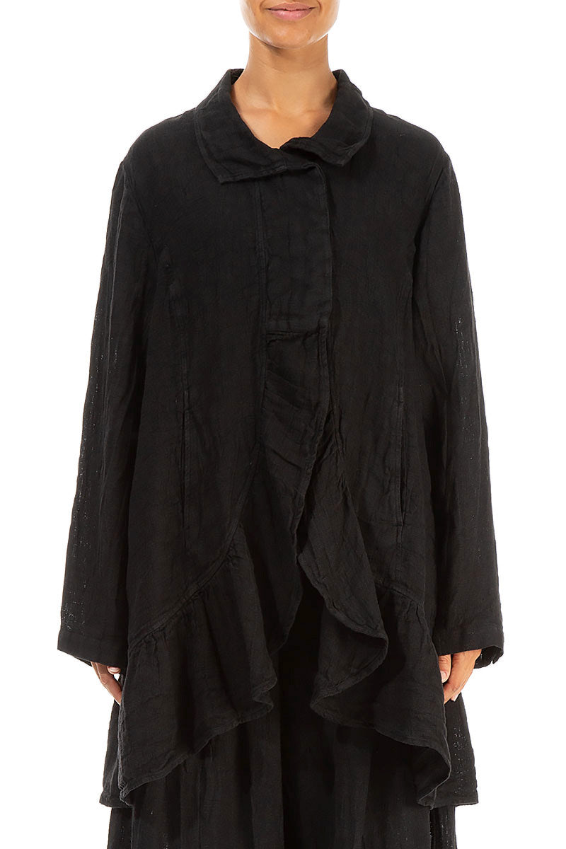 Frilled Edge Black Mélange Linen Jacket 1