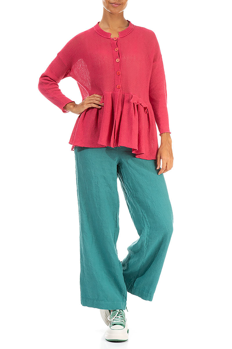 Frilled Hem Raspberry Linen Cardigan 4