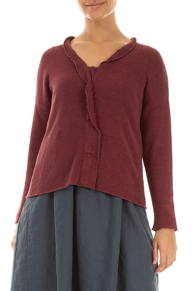 Frilled Neck Antique Ruby Linen Cardigan