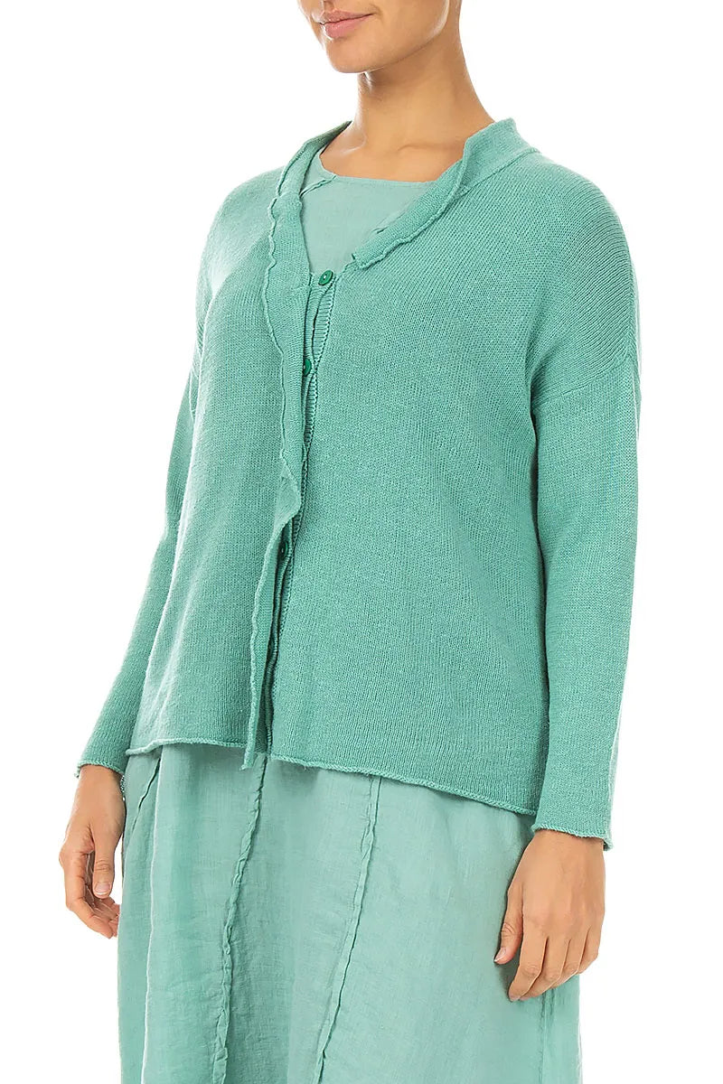 Frilled Neck Leinenstrickjacke in Mintgrün