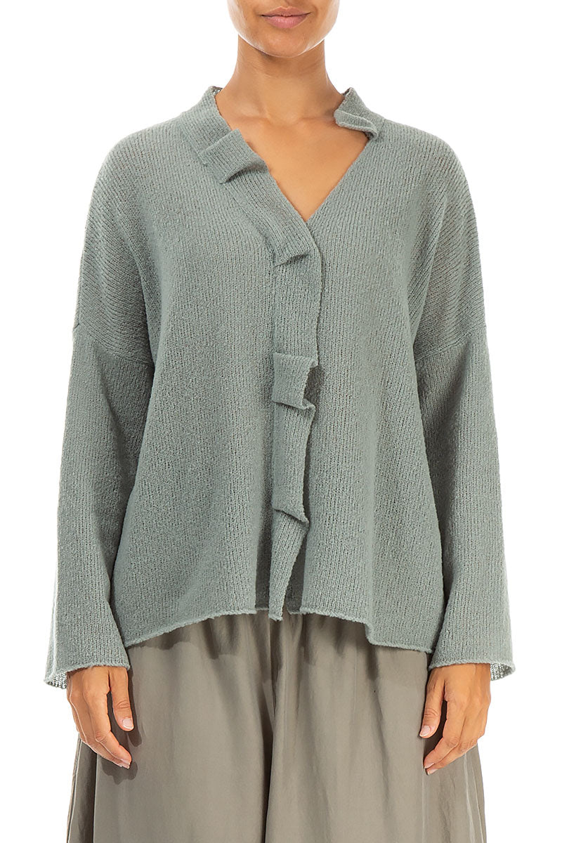 Frilled Neck Pistachio Wool Cardigan 1