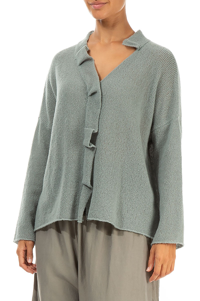 Frilled Neck Pistachio Wool Cardigan 3