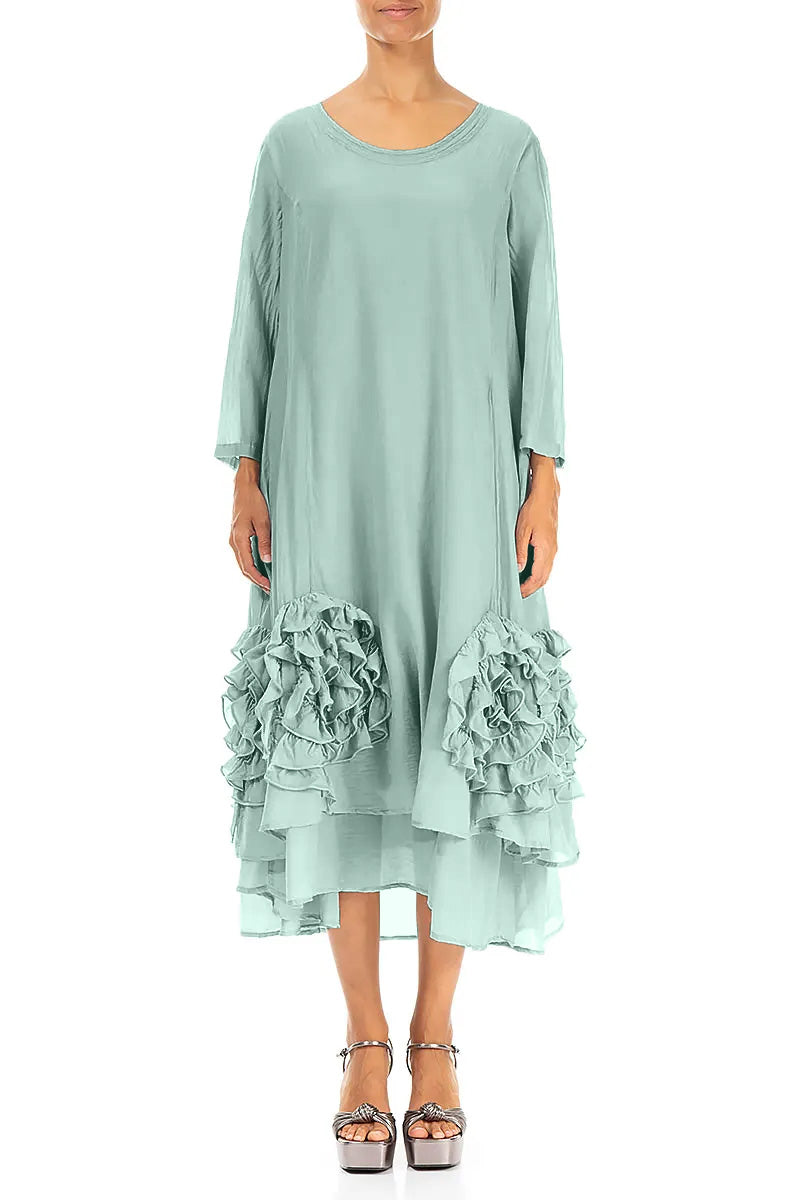 Frilly Flower Mint Silk Cotton Dress  grizas.com