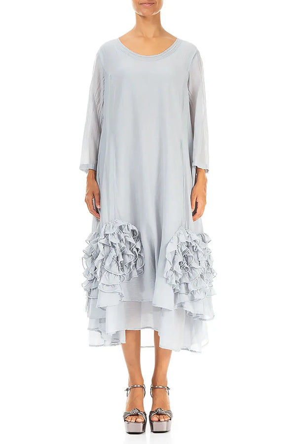 Frilly Flower Silver Grey Silk Cotton Dress 1