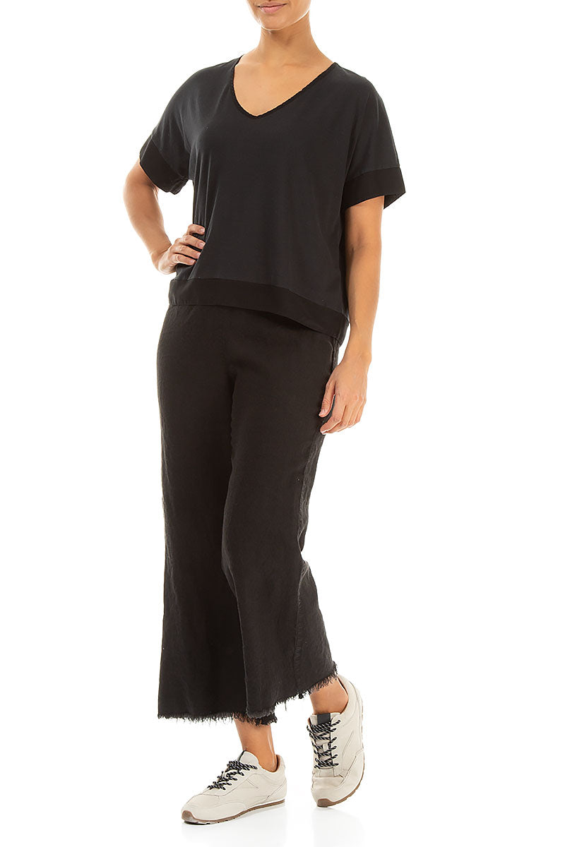 Fringed Flared Black Linen Trousers 4