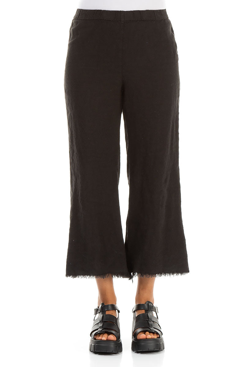 Fringed Flared Black Linen Trousers 1