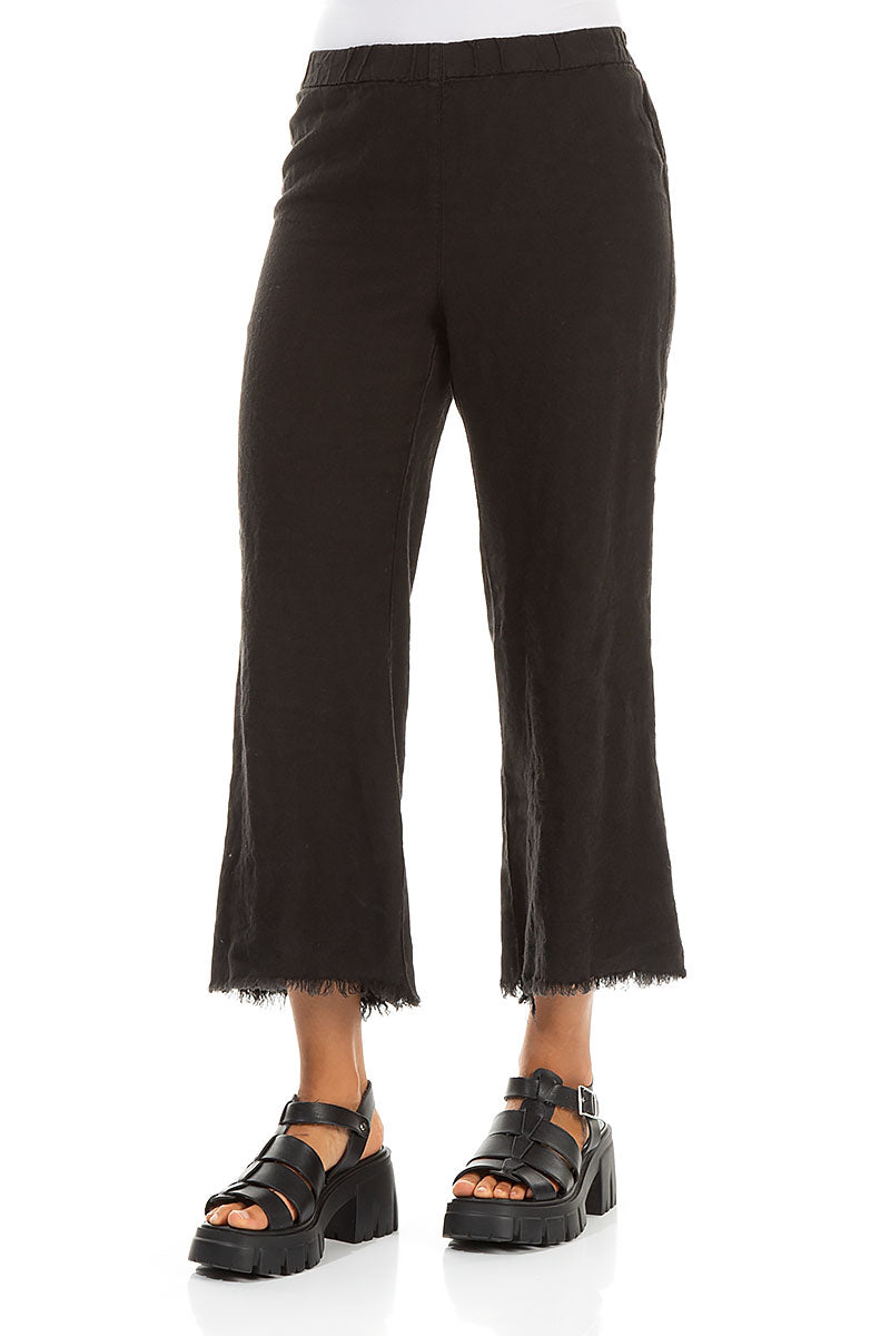 Fringed Flared Black Linen Trousers 3