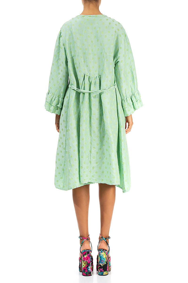 Front Buttons Flared Green Sorbet Silk Linen Dress