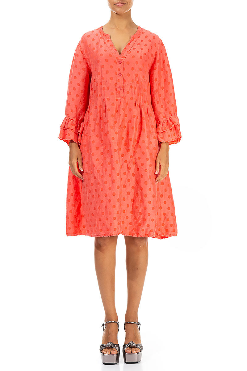 Front Buttons Flared Living Coral Silk Linen Dress