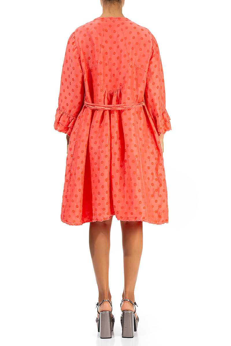 Front Buttons Flared Living Coral Silk Linen Dress