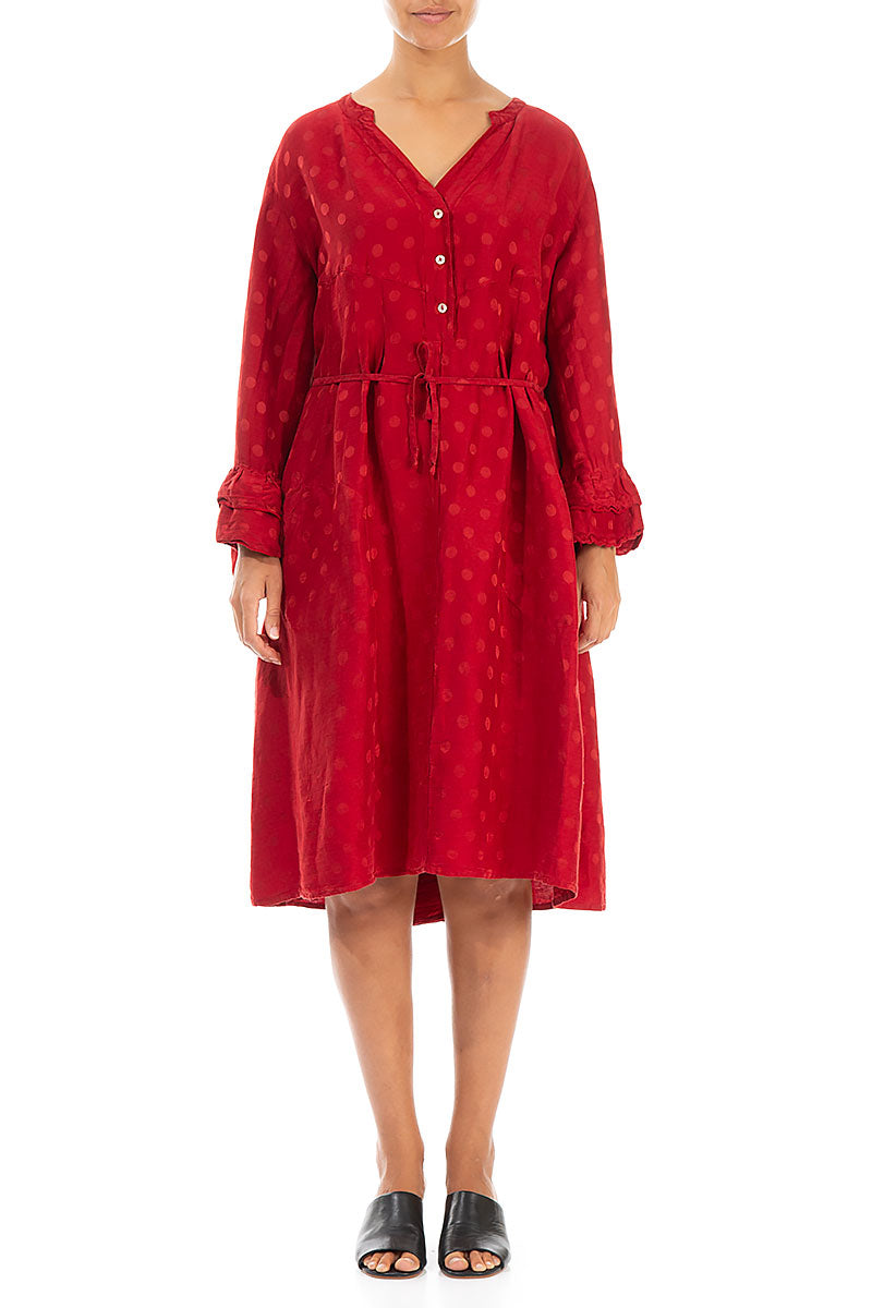 Front Buttons Flared Red Silk Linen Dress