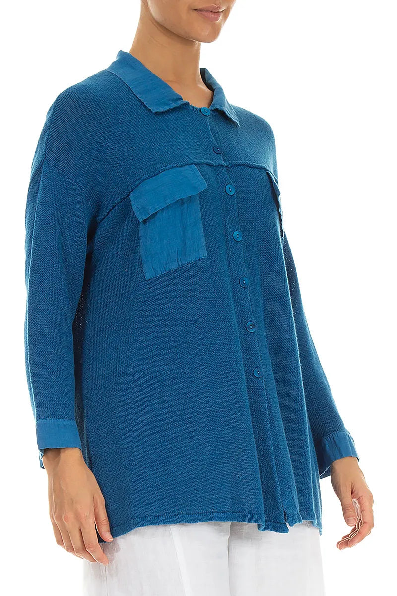 Cardigan en lin bleu cobalt à poches frontales