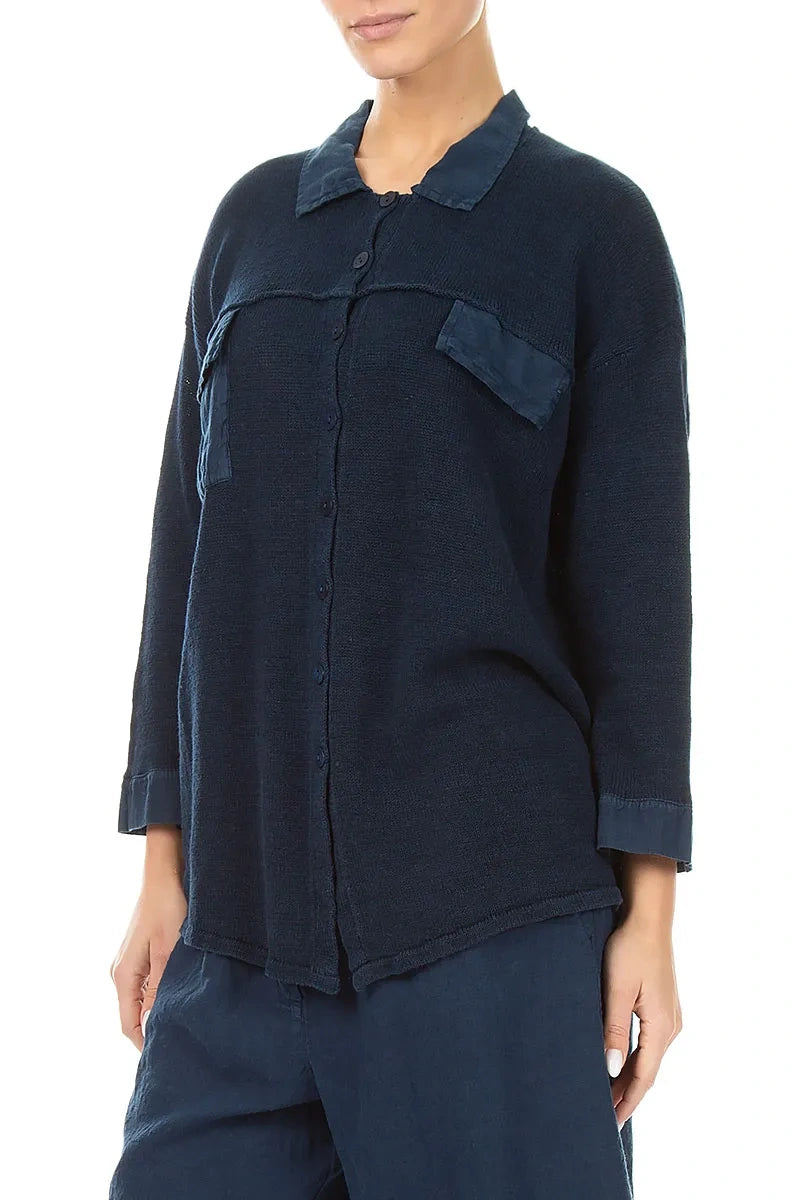 Front Pocket Navy Linen Cardigan 3