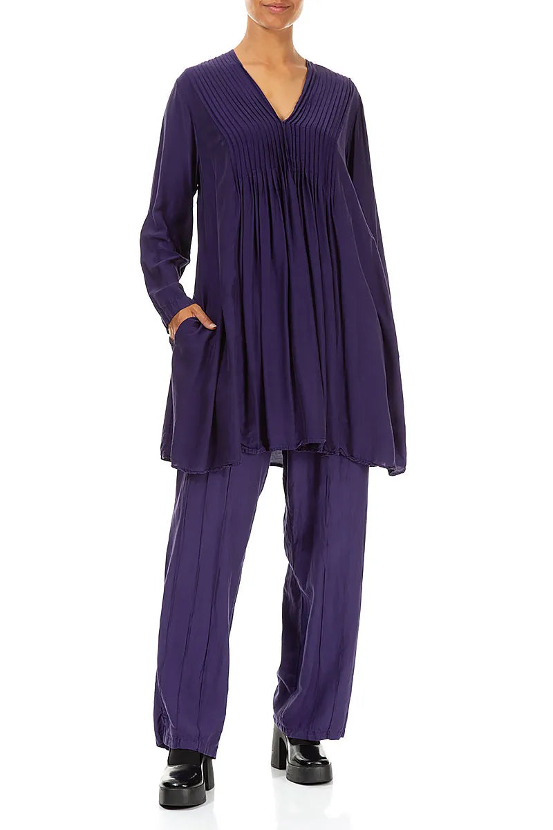 Straight Pleated Royal Purple Silk Trousers 4