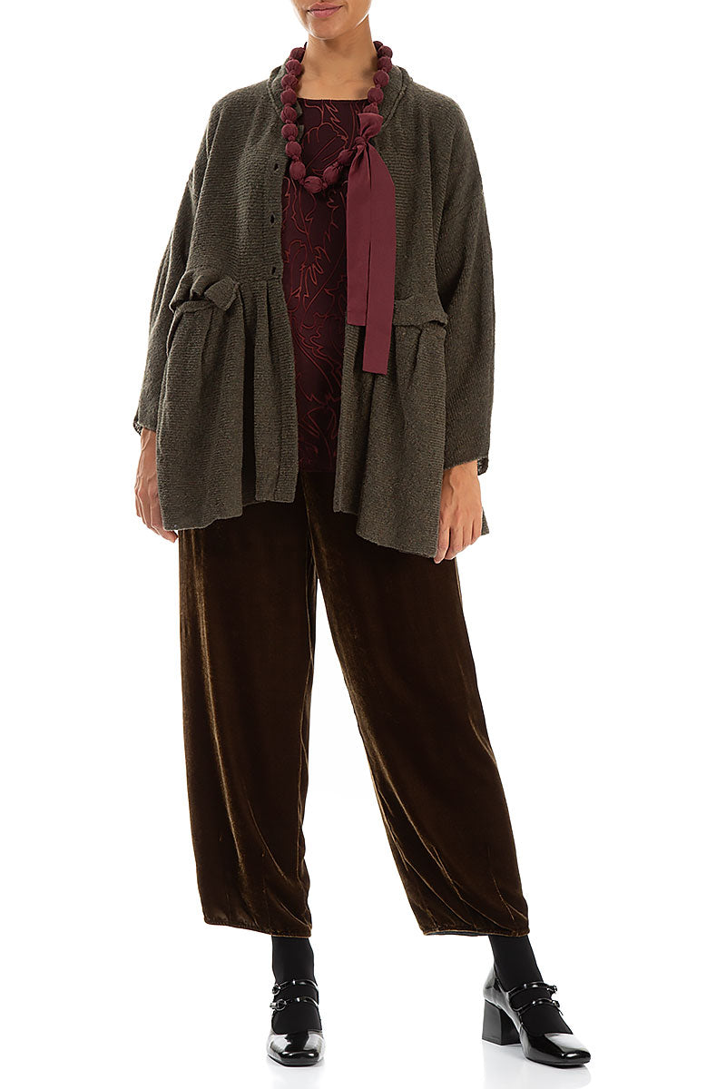 Gathered Pockets Khaki Wool Cardigan 4