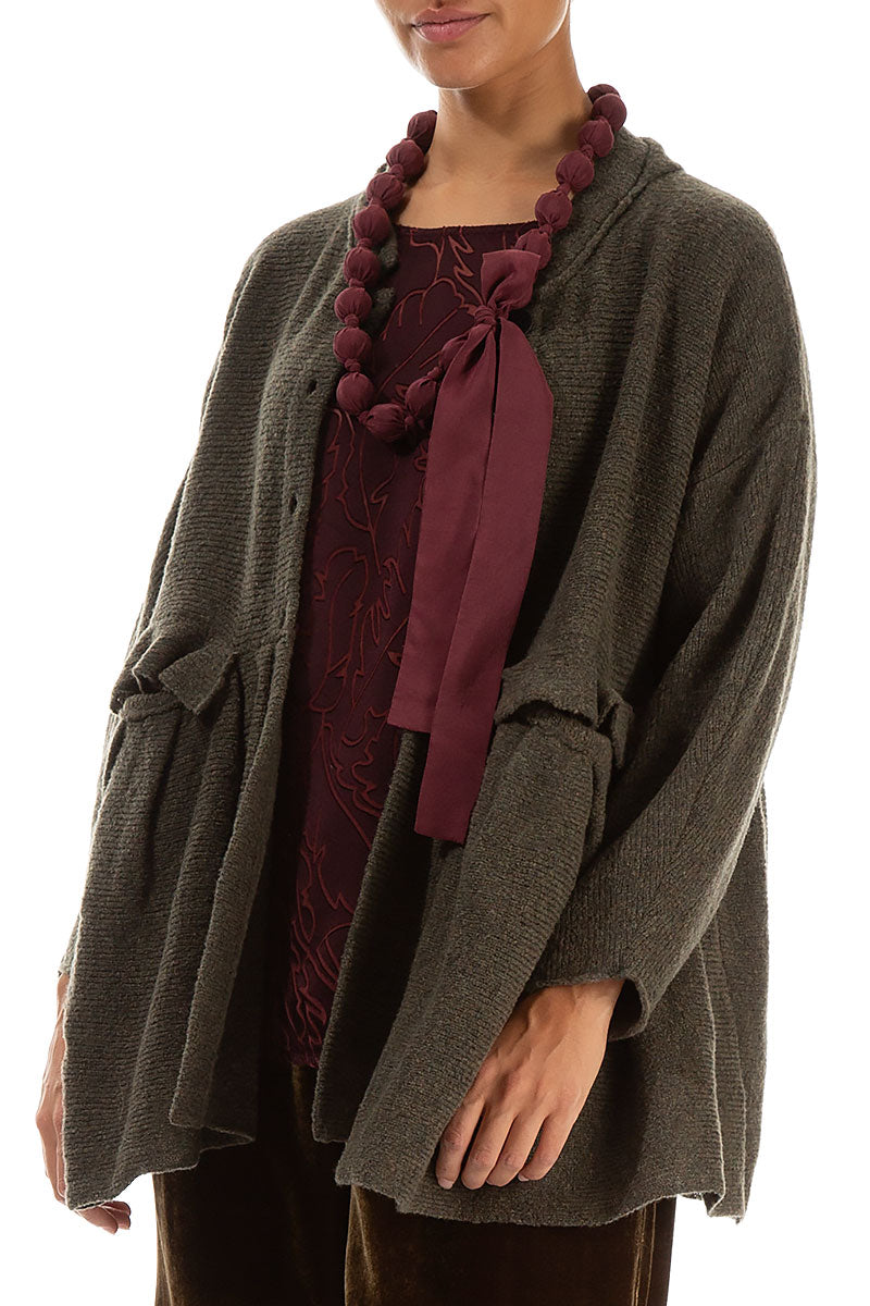 Gathered Pockets Khaki Wool Cardigan 2