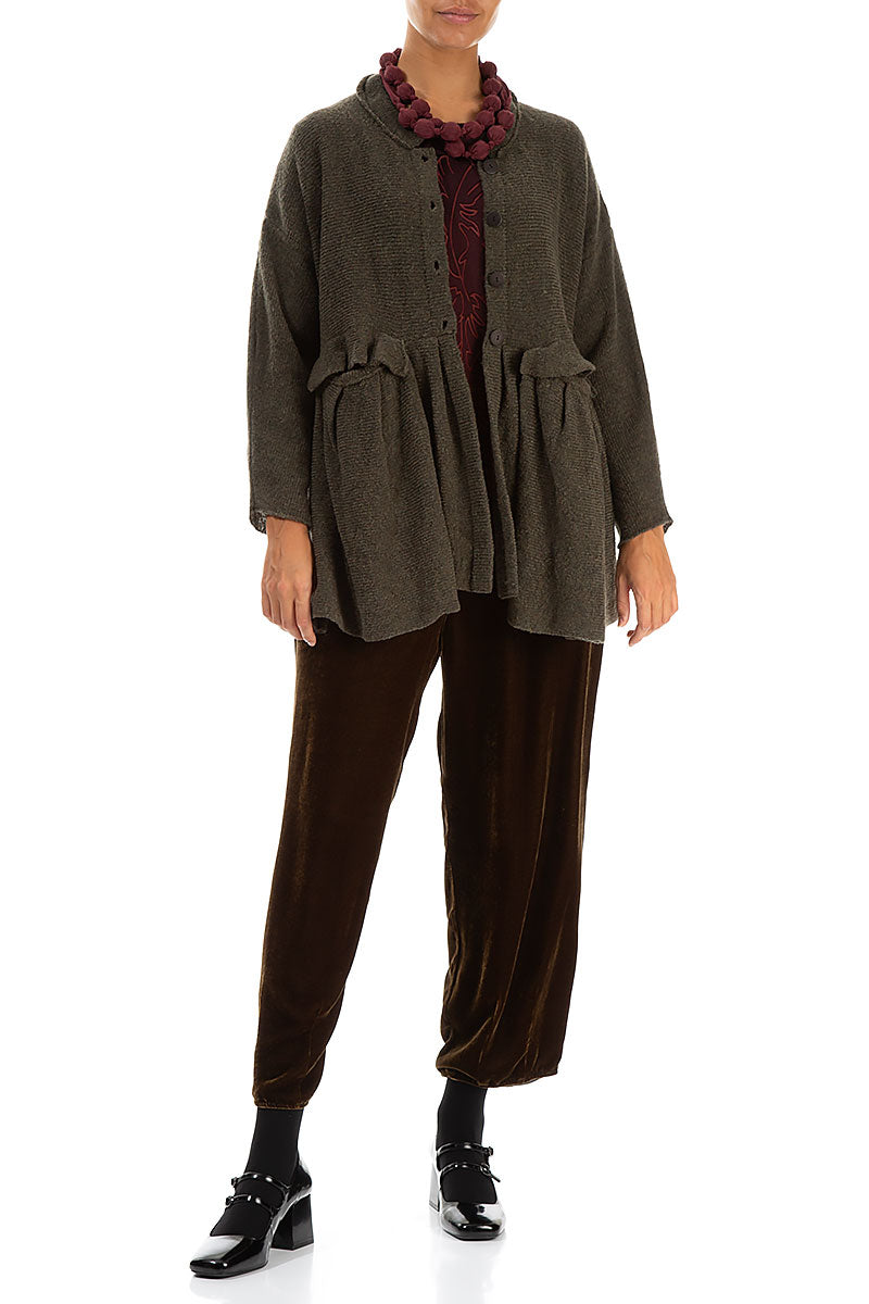 Gathered Pockets Khaki Wool Cardigan 3