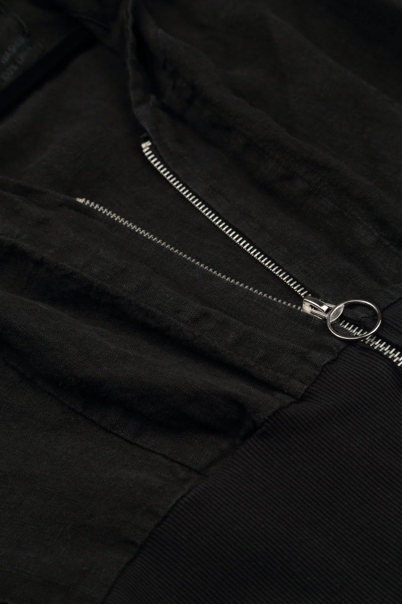 Gathered Sleeves Black Linen Hooded Jacket 5