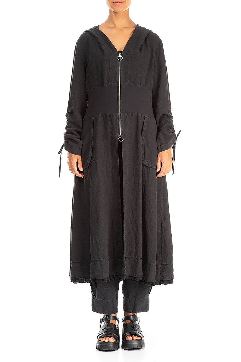 Gathered Sleeves Black Linen Hooded Jacket 1