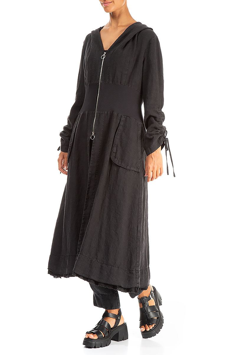 Gathered Sleeves Black Linen Hooded Jacket 3
