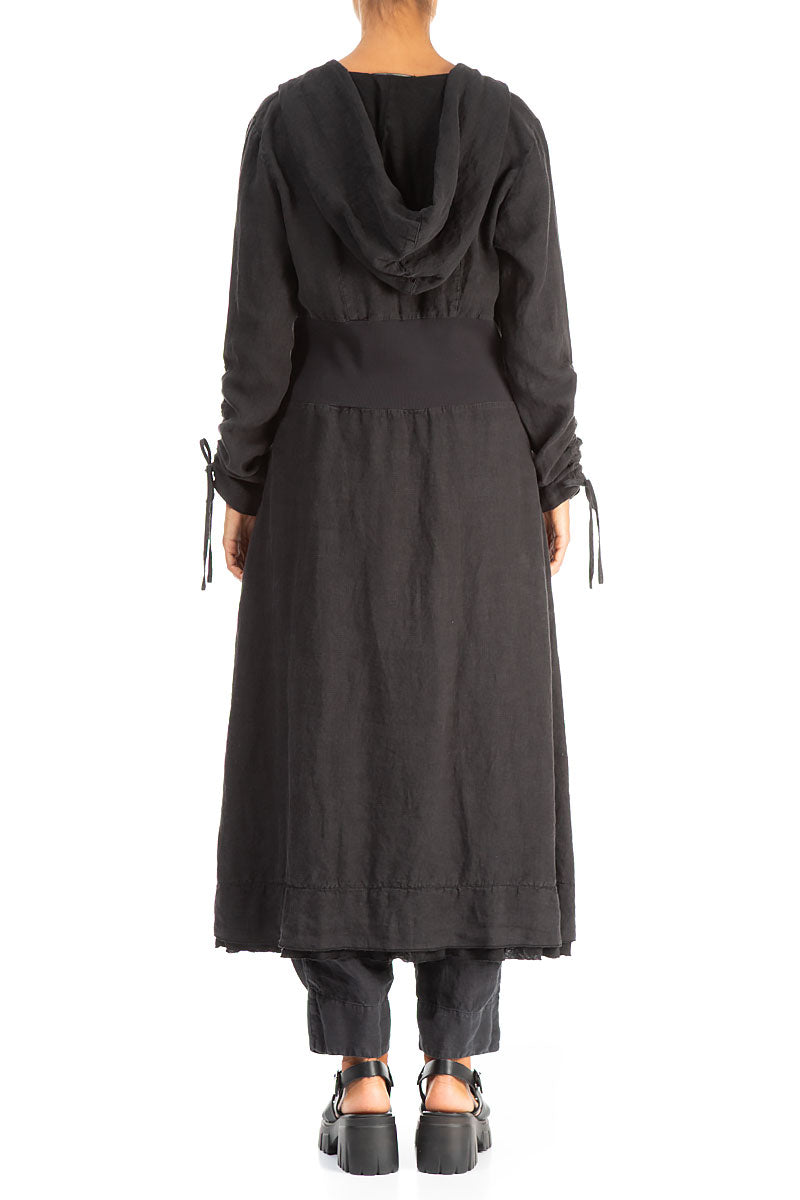 Gathered Sleeves Black Linen Hooded Jacket 2