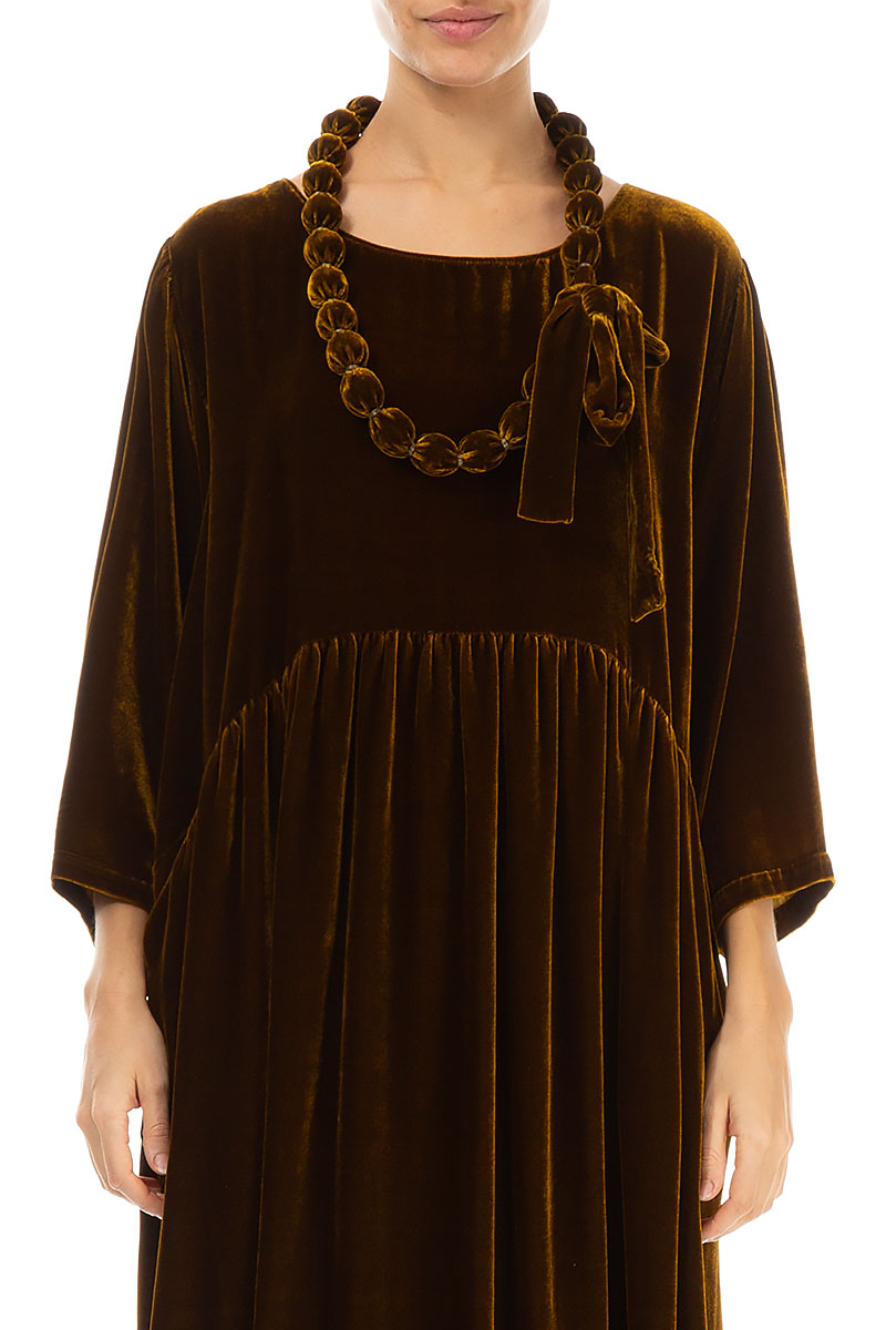 Golden Olive Silk Velvet Bead Necklace 1