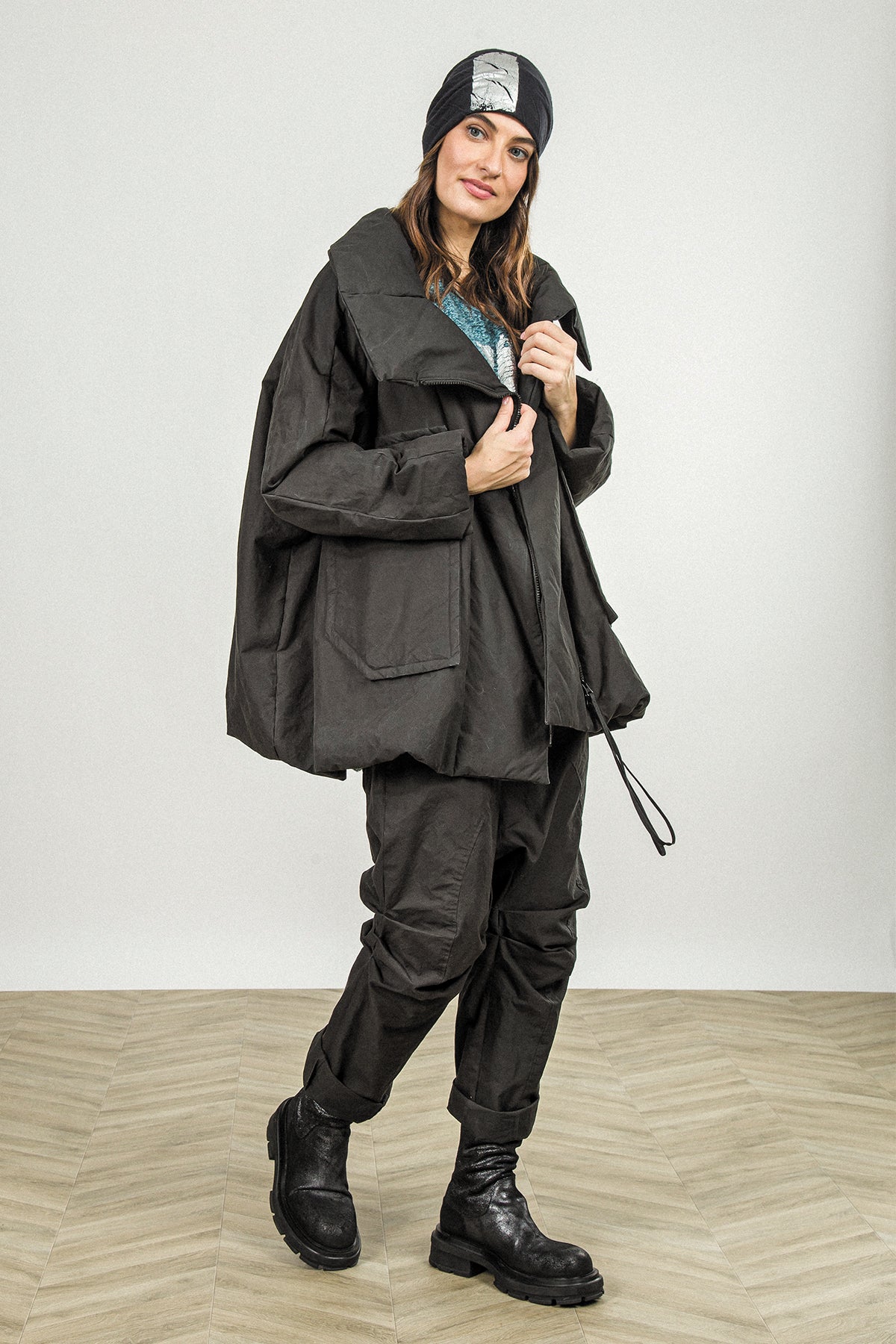 High Collar Black Cotton Puffer Coat