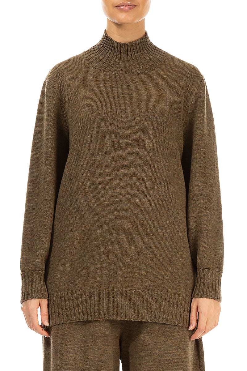High Neck Khaki Knitted Wool Jumper 1
