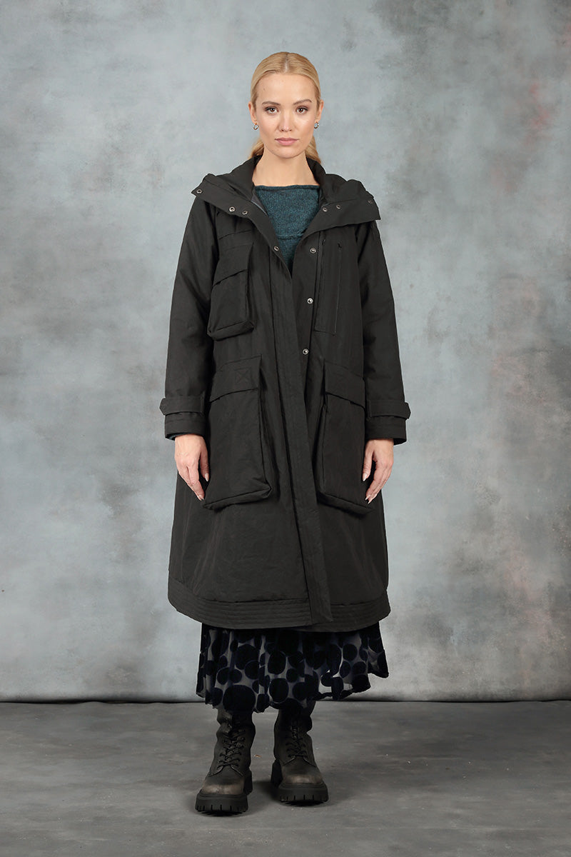 Long Hooded Black Cotton Coat 6