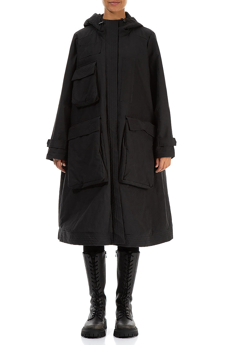 Long Hooded Black Cotton Coat 1