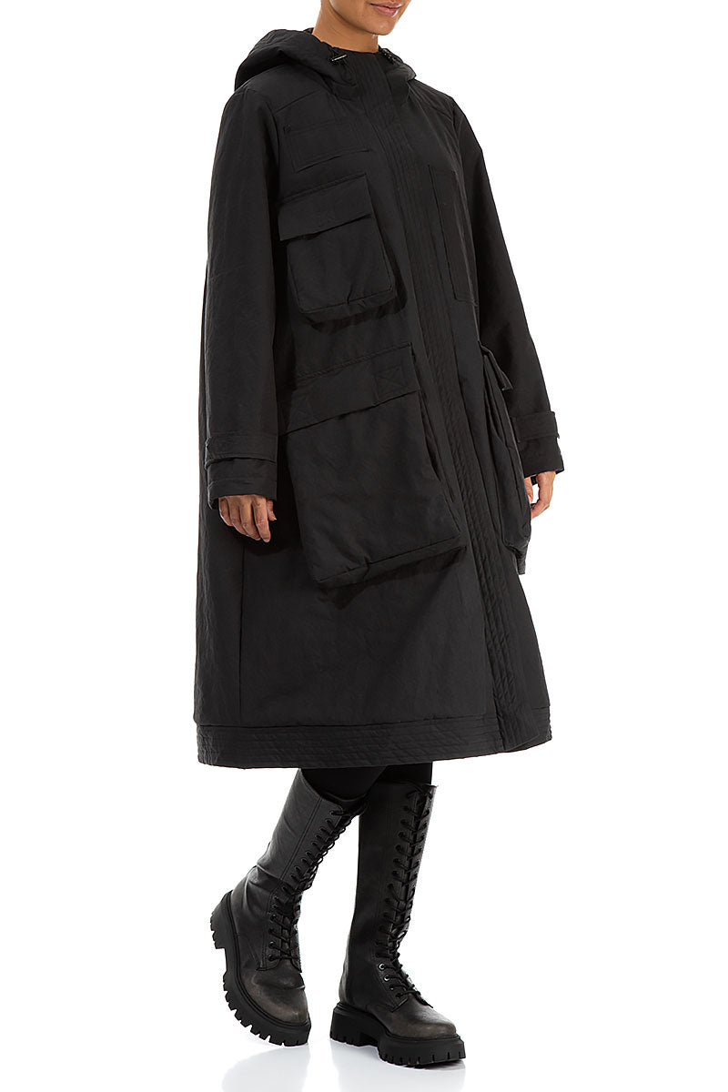 Long Hooded Black Cotton Coat 3