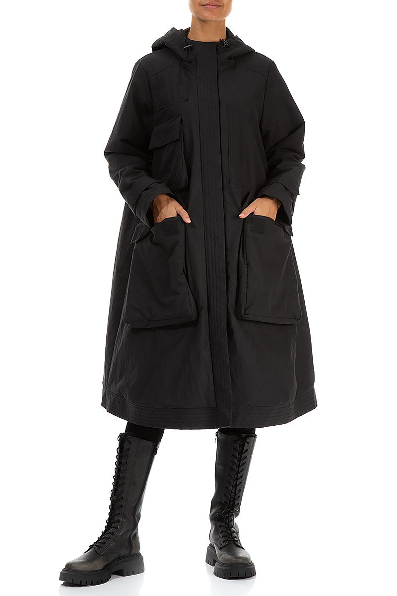 Long Hooded Black Cotton Coat 4