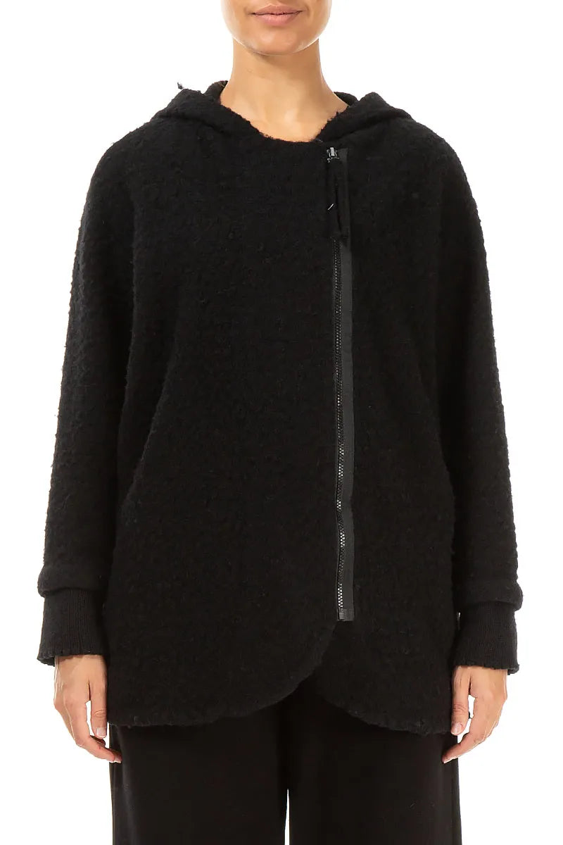 Hooded Black Plush Wool Cotton Zip Jacket 2