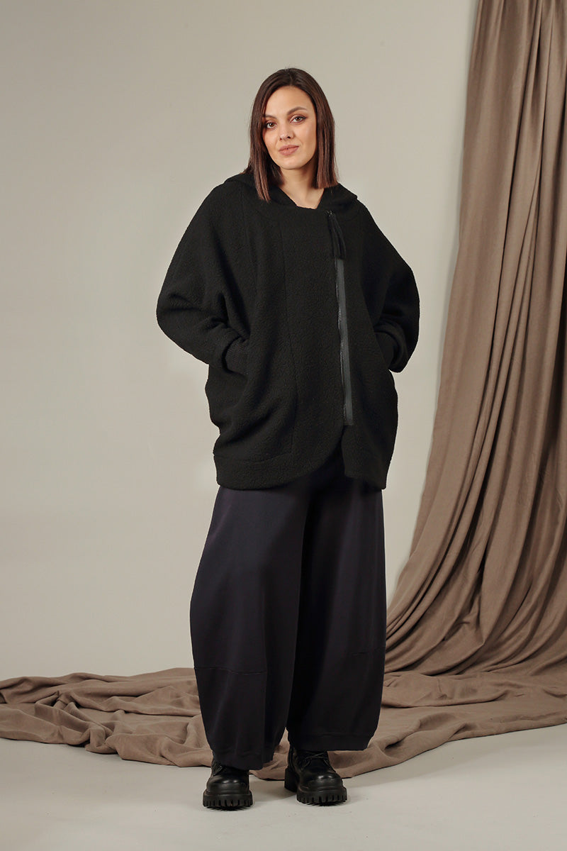 Hooded Black Plush Wool Cotton Zip Jacket 1