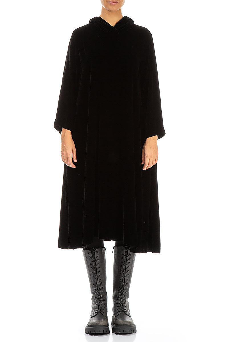 Hooded Black Silk Velvet Dress 1